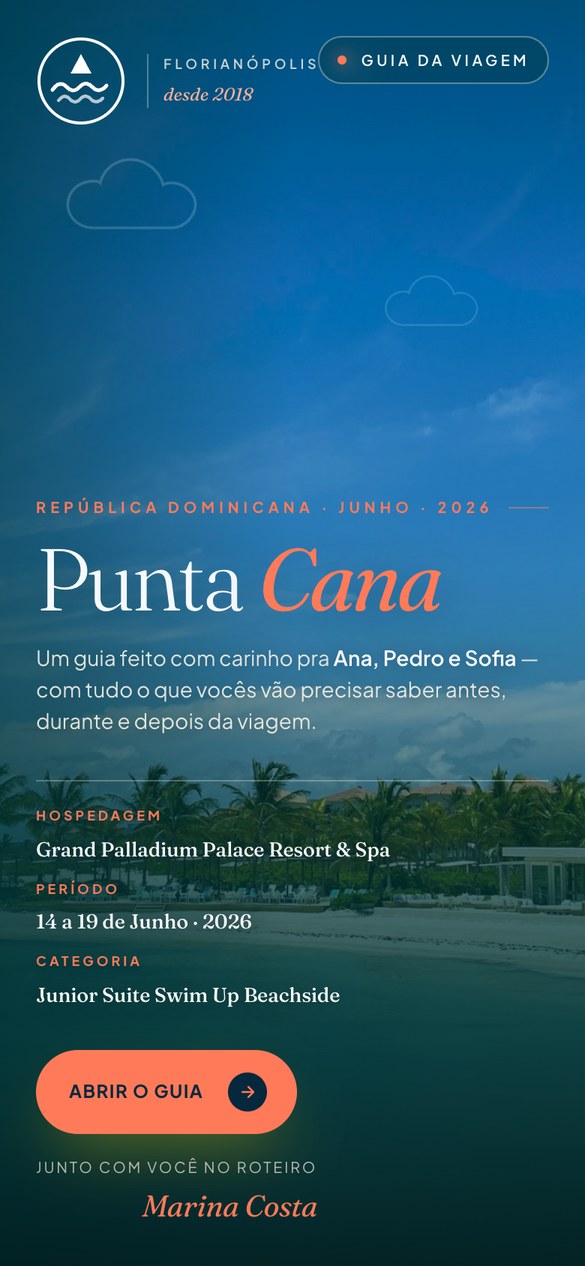 Guia de viagem no celular do cliente, com destino, hospedagem, período e botão pra abrir