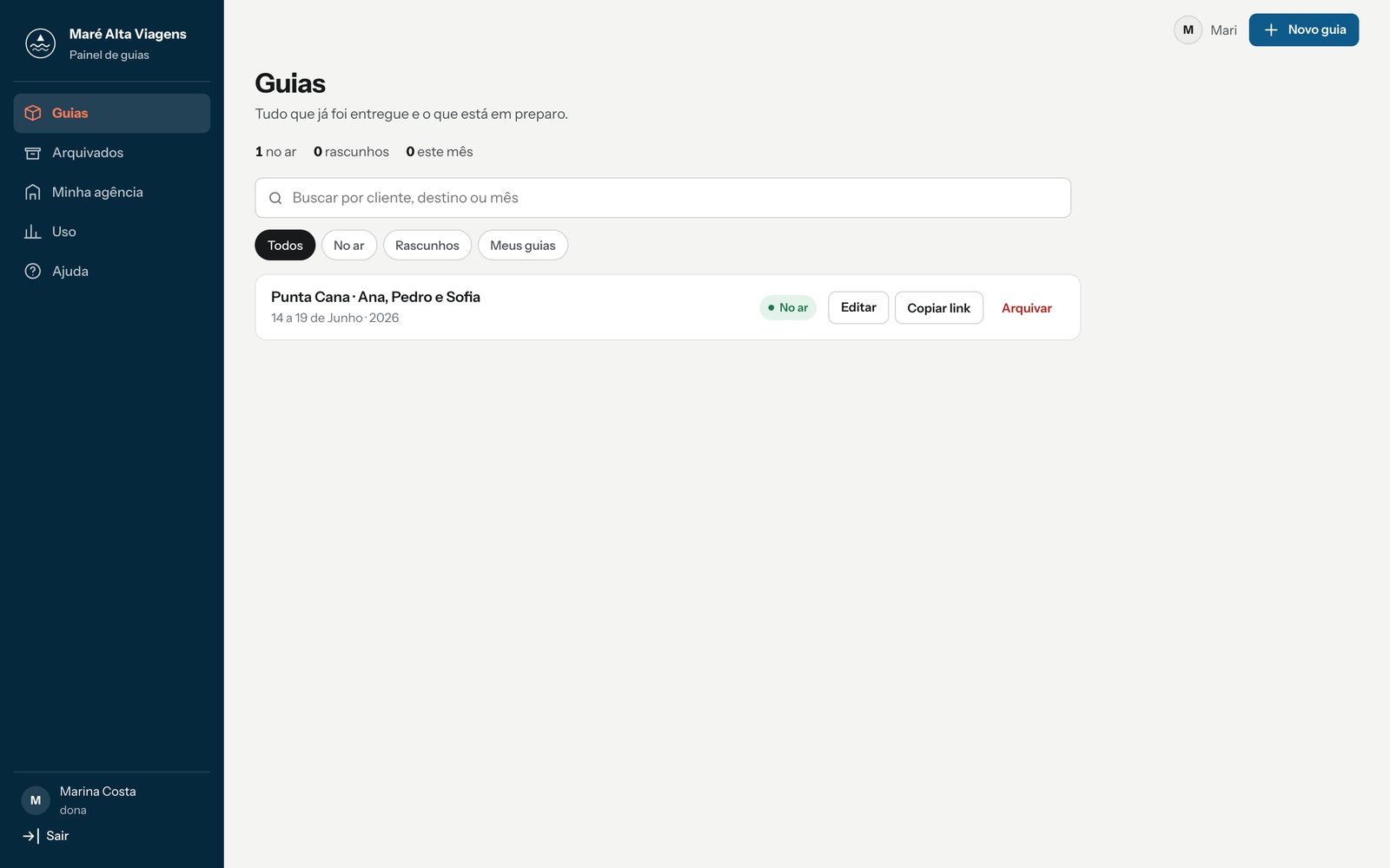 Painel do MeuGuia: lista de guias da agência, com status no ar, editar e copiar link